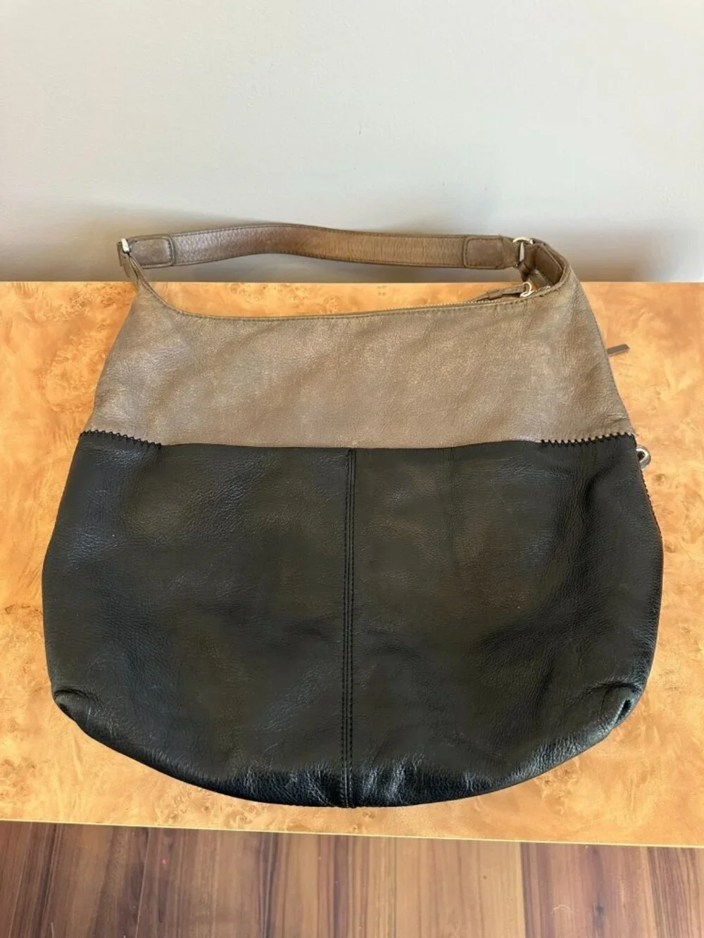 Brighton Barbados Leather Hobo Bag Colorblock Black Taupe Tassel Shoulder